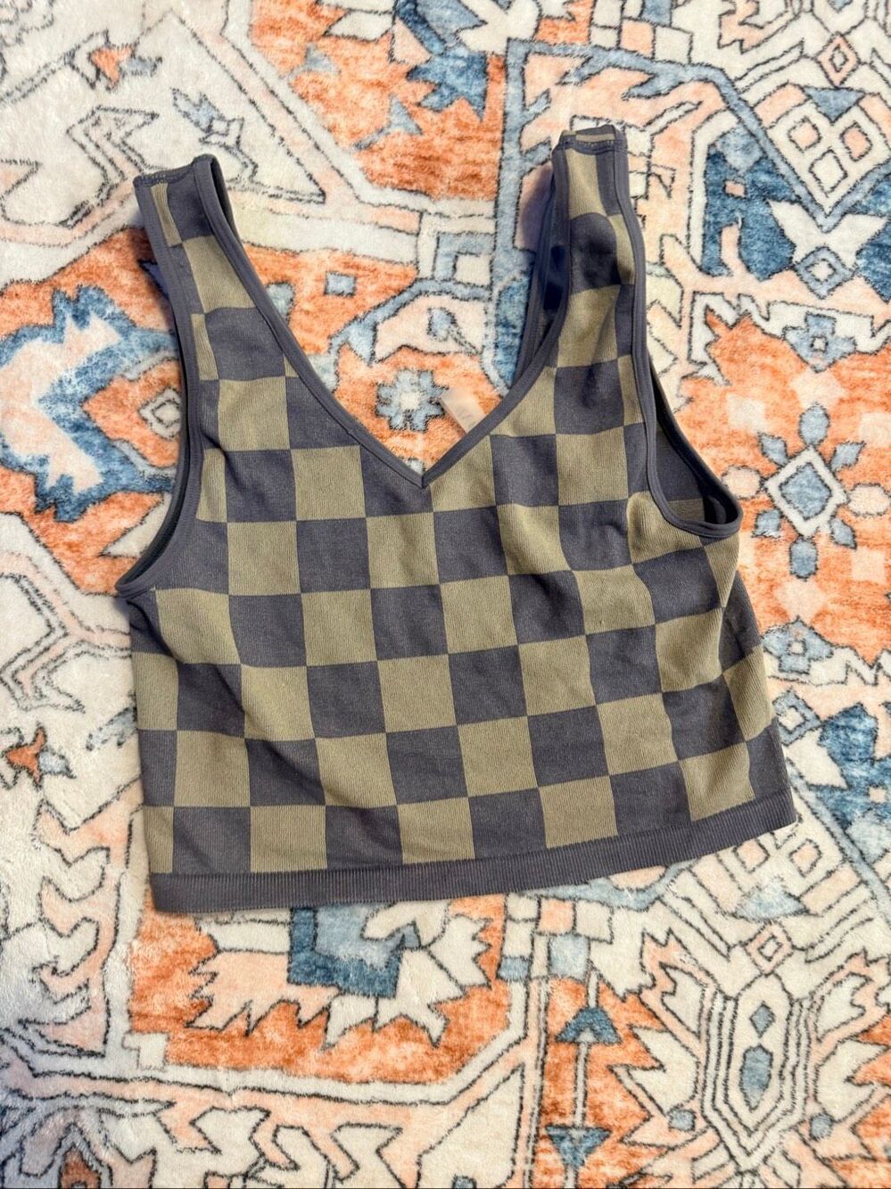 ANWND Women's Size M/L Checkerboard Printed Cropped Tank Top Green Black